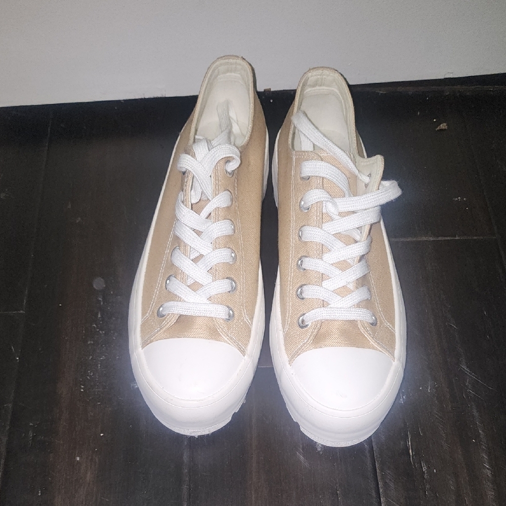 Sincerely Jules Tan and White High-Top Sneakers